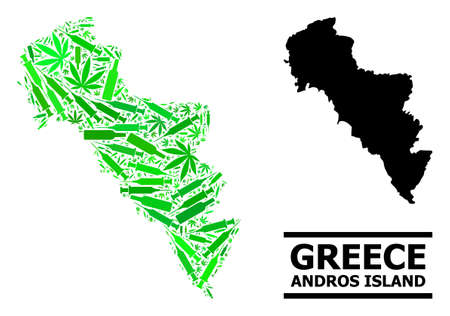 Addiction mosaic and usual map of Greece - Andros Island. Vector map of Greece - Andros Island is organized from randomized syringes, marijuana and alcohol bottles.のイラスト素材