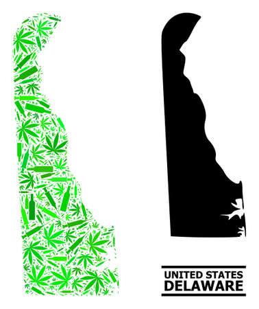 Drugs mosaic and solid map of Delaware State. Vector map of Delaware State is organized of randomized injection needles, weed and drink bottles.のイラスト素材