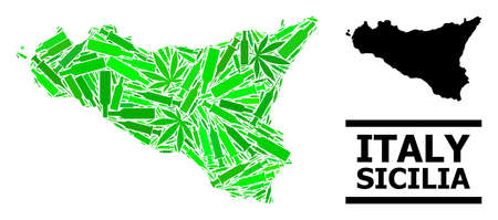 Addiction mosaic and solid map of Sicilia Island. Vector map of Sicilia Island is composed of random inoculation icons, cannabis leaves and wine bottles.のイラスト素材