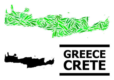 Addiction mosaic and solid map of Crete Island. Vector map of Crete Island is formed from random inoculation icons, ganja and drink bottles.のイラスト素材