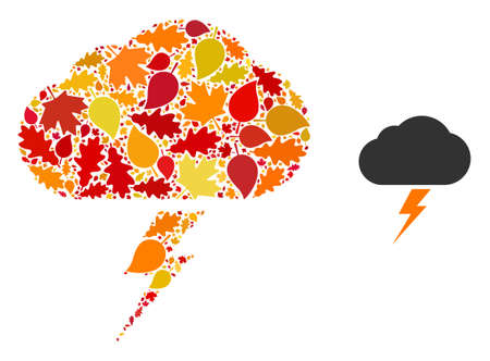 Thunderstorm mosaic icon done for fall season. Vector thunderstorm mosaic is made from scattered fall maple and oak leaves. Mosaic autumn leaves in bright gold, brown and red colors.のイラスト素材