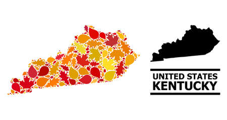 Mosaic autumn leaves and usual map of Kentucky State. Vector map of Kentucky State is designed with random autumn maple and oak leaves. Abstract territory plan in bright gold, red,のイラスト素材