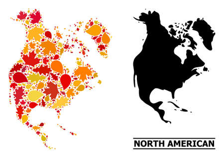 Mosaic autumn leaves and usual map of North America. Vector map of North America is formed from scattered autumn maple and oak leaves. Abstract territorial scheme in bright gold, red,のイラスト素材
