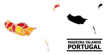Mosaic autumn leaves and solid map of Madeira Islands. Vector map of Madeira Islands is constructed of scattered autumn maple and oak leaves. Abstract geographic scheme in bright gold, red,のイラスト素材