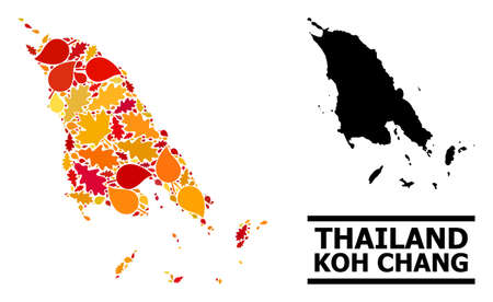 Mosaic autumn leaves and usual map of Koh Chang. Vector map of Koh Chang is formed with scattered autumn maple and oak leaves. Abstract territorial scheme in bright gold, red,のイラスト素材