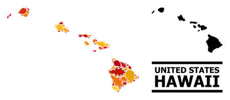 Mosaic autumn leaves and usual map of Hawaii State. Vector map of Hawaii State is organized from scattered autumn maple and oak leaves. Abstract territorial plan in bright gold, red,のイラスト素材