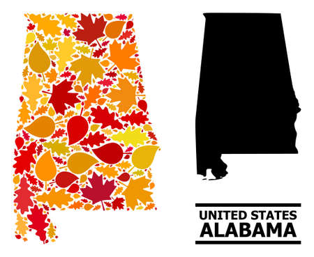 Mosaic autumn leaves and usual map of Alabama State. Vector map of Alabama State is composed from randomized autumn maple and oak leaves. Abstract territorial scheme in bright gold, red,のイラスト素材