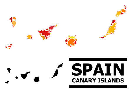 Mosaic autumn leaves and usual map of Canary Islands. Map of Canary Islands is designed from scattered autumn maple and oak leaves. Abstract geographic scheme in bright gold, redのイラスト素材