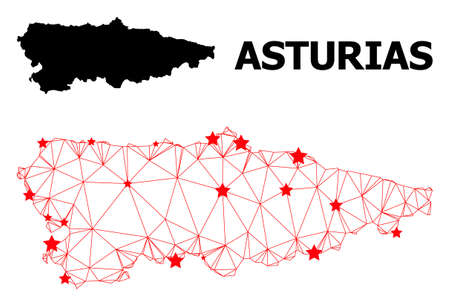 2D polygonal and solid map of Asturias Province. Vector structure is created from map of Asturias Province with red stars. Abstract lines and stars form map of Asturias Province.のイラスト素材