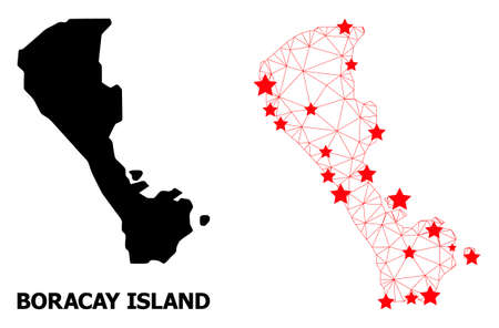 Carcass polygonal and solid map of Boracay Island. Vector model is created from map of Boracay Island with red stars. Abstract lines and stars are combined into map of Boracay Island.のイラスト素材