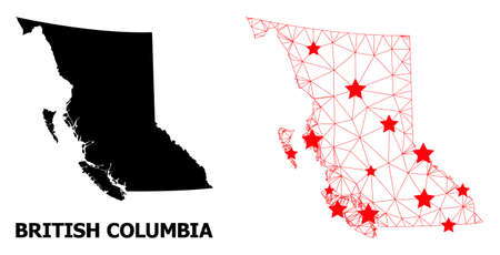 Carcass polygonal and solid map of British Columbia Province. Vector model is created from map of British Columbia Province with red stars.のイラスト素材