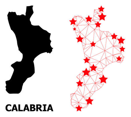 Wire frame polygonal and solid map of Calabria region. Vector model is created from map of Calabria region with red stars. Abstract lines and stars form map of Calabria region.のイラスト素材