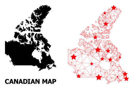 Carcass polygonal and solid map of Canada. Vector structure is created from map of Canada with red stars. Abstract lines and stars form map of Canada.のイラスト素材