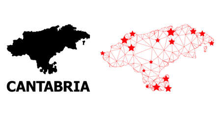 Carcass polygonal and solid map of Cantabria Province. Vector model is created from map of Cantabria Province with red stars. Abstract lines and stars are combined into map of Cantabria Province.のイラスト素材