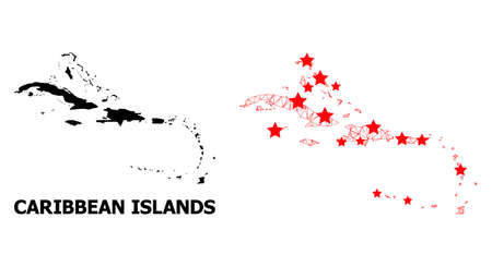 2D polygonal and solid map of Caribbean Islands. Vector structure is created from map of Caribbean Islands with red stars. Abstract lines and stars are combined into map of Caribbean Islands.のイラスト素材