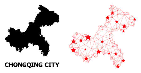 Wire frame polygonal and solid map of Chongqing Municipality. Vector structure is created from map of Chongqing Municipality with red stars.のイラスト素材