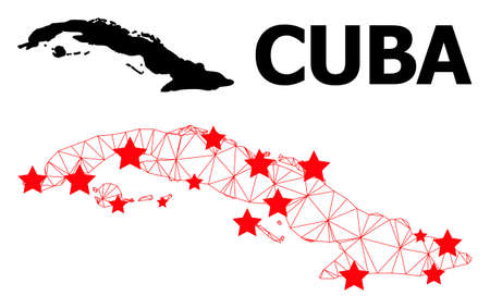 Mesh polygonal and solid map of Cuba. Vector structure is created from map of Cuba with red stars. Abstract lines and stars form map of Cuba. Wire carcass 2D polygonal mesh in vector EPS format.のイラスト素材