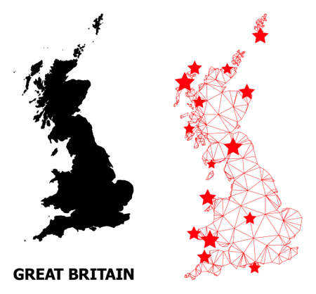 Carcass polygonal and solid map of Great Britain. Vector model is created from map of Great Britain with red stars. Abstract lines and stars form map of Great Britain.のイラスト素材
