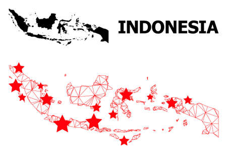 Wire frame polygonal and solid map of Indonesia. Vector structure is created from map of Indonesia with red stars. Abstract lines and stars are combined into map of Indonesia.のイラスト素材