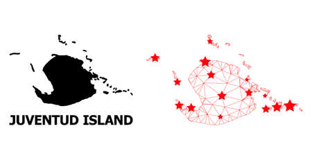 Wire frame polygonal and solid map of Juventud Island. Vector model is created from map of Juventud Island with red stars. Abstract lines and stars form map of Juventud Island.のイラスト素材