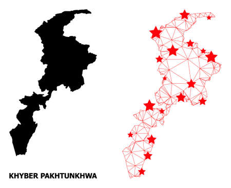 Network polygonal and solid map of Khyber Pakhtunkhwa Province. Vector structure is created from map of Khyber Pakhtunkhwa Province with red stars.のイラスト素材