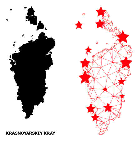 Mesh polygonal and solid map of Krasnoyarskiy Kray. Vector structure is created from map of Krasnoyarskiy Kray with red stars. Abstract lines and stars form map of Krasnoyarskiy Kray.のイラスト素材