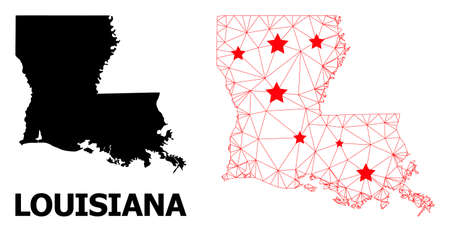 Wire frame polygonal and solid map of Louisiana State. Vector structure is created from map of Louisiana State with red stars. Abstract lines and stars form map of Louisiana State.のイラスト素材
