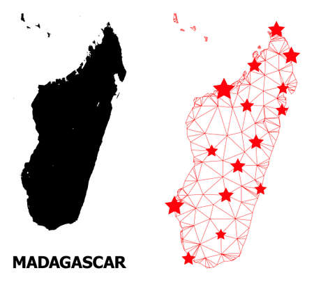 Wire frame polygonal and solid map of Madagascar Island. Vector model is created from map of Madagascar Island with red stars. Abstract lines and stars are combined into map of Madagascar Island.のイラスト素材
