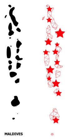 2D polygonal and solid map of Maldives. Vector structure is created from map of Maldives with red stars. Abstract lines and stars form map of Maldives.のイラスト素材