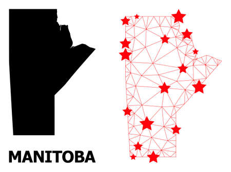 Wire frame polygonal and solid map of Manitoba Province. Vector structure is created from map of Manitoba Province with red stars. Abstract lines and stars are combined into map of Manitoba Province.のイラスト素材