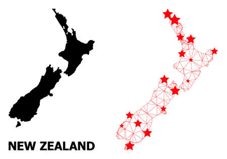 Network polygonal and solid map of New Zealand. Vector structure is created from map of New Zealand with red stars. Abstract lines and stars form map of New Zealand.のイラスト素材