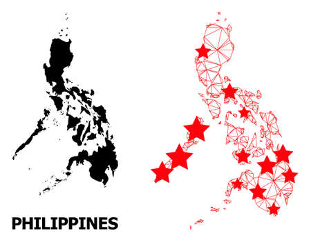 Network polygonal and solid map of Philippines. Vector model is created from map of Philippines with red stars. Abstract lines and stars are combined into map of Philippines.のイラスト素材