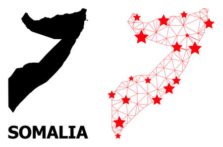 Carcass polygonal and solid map of Somalia. Vector model is created from map of Somalia with red stars. Abstract lines and stars form map of Somalia. Wire carcass flat polygonal mesh in vector format.のイラスト素材