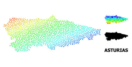 Wire frame polygonal and solid map of Asturias Province. Vector structure is created from map of Asturias Province with red stars. Abstract lines and stars form map of Asturias Province.のイラスト素材