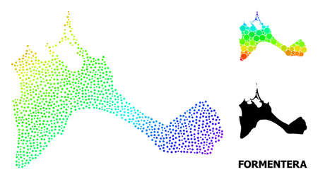 Pixelated spectral, and solid map of Formentera Island, and black text. Vector structure is created from map of Formentera Island with circles. Template is useful for political posters.のイラスト素材