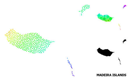 Pixel rainbow gradient, and solid map of Madeira Islands, and black title. Vector structure is created from map of Madeira Islands with spheres. Illustration is useful for geographic templates.のイラスト素材