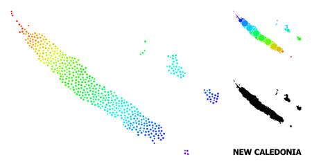 Pixelated bright spectral, and monochrome map of New Caledonia, and black caption. Vector structure is created from map of New Caledonia with circles. Collage is useful for political ads.のイラスト素材
