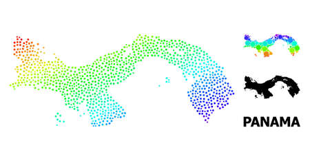 Dotted rainbow gradient, and monochrome map of Panama, and black caption. Vector model is created from map of Panama with round dots. Collage is useful for political ads.のイラスト素材
