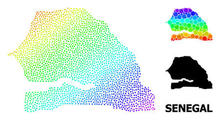 Dot rainbow gradient, and solid map of Senegal, and black text. Vector model is created from map of Senegal with round dots. Template is useful for political aims. Spectral gradiented map of Senegal,のイラスト素材