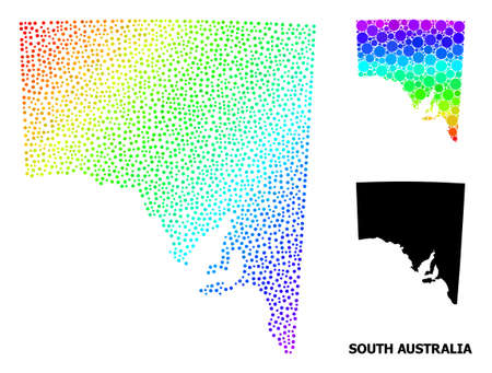 Dotted spectral, and monochrome map of South Australia, and black caption. Vector model is created from map of South Australia with circles. Illustration is useful for political posters.のイラスト素材