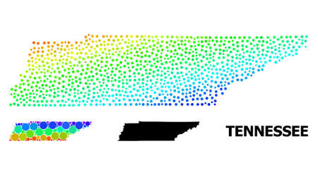 Pixelated spectral, and solid map of Tennessee State, and black tag. Vector model is created from map of Tennessee State with round dots. Abstraction is useful for geographic purposes.のイラスト素材