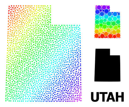 Pixel spectrum, and solid map of Utah State, and black tag. Vector model is created from map of Utah State with circles. Collage is useful for political ads. Bright gradient map of Utah State,のイラスト素材