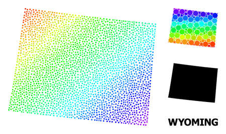 Dot spectral, and solid map of Wyoming State, and black tag. Vector model is created from map of Wyoming State with round dots. Collage is useful for political purposes.のイラスト素材