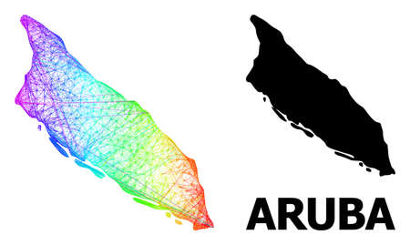 Wire frame and solid map of Aruba Island. Vector structure is created from map of Aruba Island with intersected random lines, and has spectrum gradient.のイラスト素材