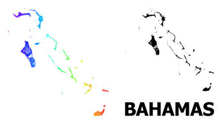 Wire frame and solid map of Bahamas Islands. Vector structure is created from map of Bahamas Islands with intersected random lines, and has bright spectral gradient.のイラスト素材