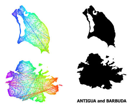 Network and solid map of Antigua and Barbuda. Vector model is created from map of Antigua and Barbuda with intersected random lines, and has bright spectral gradient.のイラスト素材