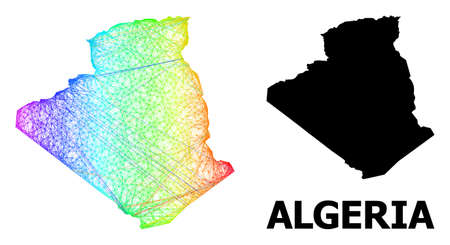 Net and solid map of Algeria. Vector structure is created from map of Algeria with intersected random lines, and has rainbow gradient. Abstract lines form map of Algeria.のイラスト素材