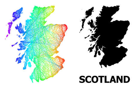 Network and solid map of Scotland. Vector structure is created from map of Scotland with intersected random lines, and has rainbow gradient. Abstract lines are combined into map of Scotland.のイラスト素材