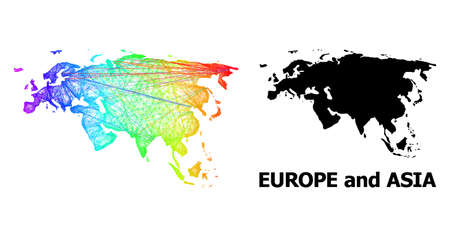 Wire frame and solid map of Europe and Asia. Vector structure is created from map of Europe and Asia with intersected random lines, and has spectral gradient.のイラスト素材