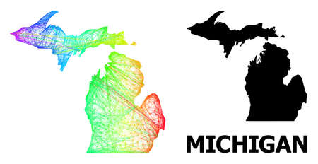 Net and solid map of Michigan State. Vector structure is created from map of Michigan State with intersected random lines, and has rainbow gradient. Abstract lines form map of Michigan State.のイラスト素材